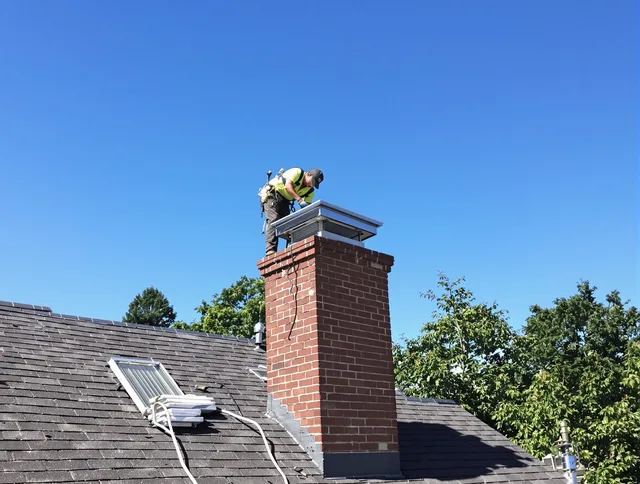 Somers Chimney Sweep technician measuring a chimney cap in Somers, CT