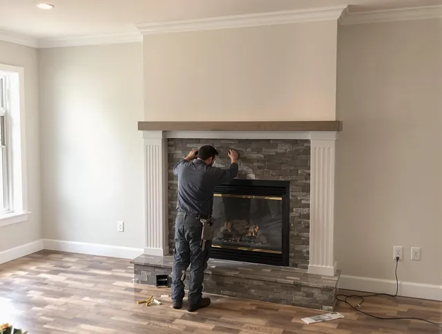 Somers Chimney Sweep finishing a custom fireplace install in Somers, CT